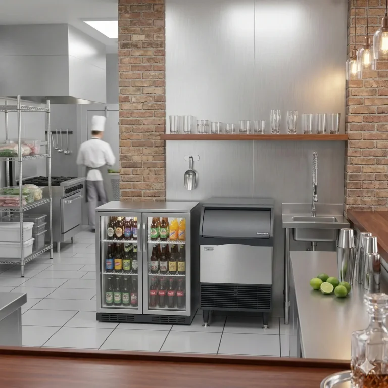 Commercial kitchen with beverage fridge and ice maker