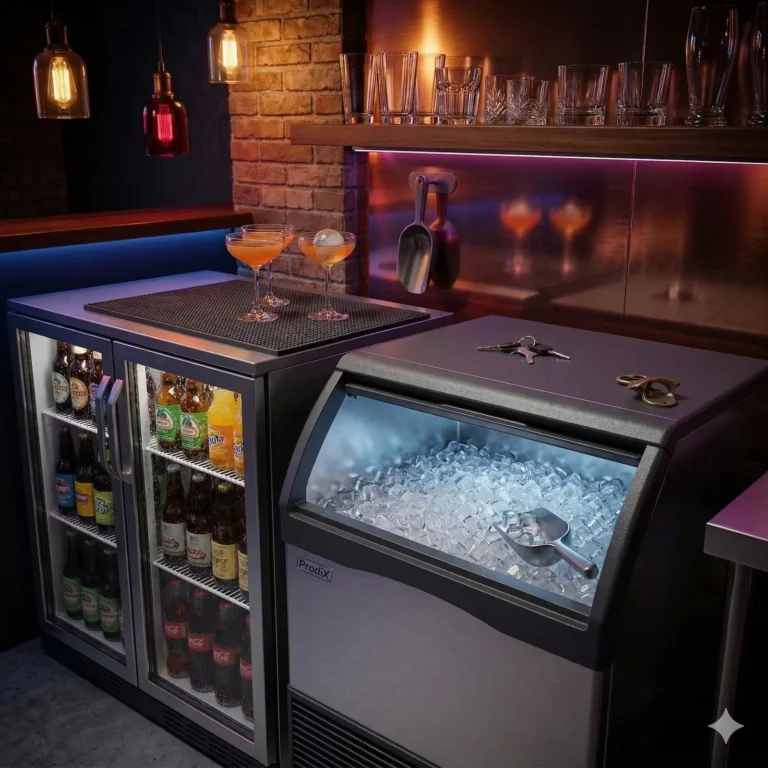 Bar counter with ice machine, fridge, and cocktails