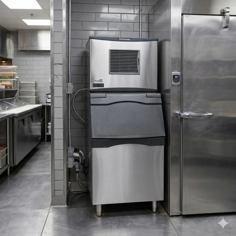 Commercial ice machine in stainless steel kitchen
