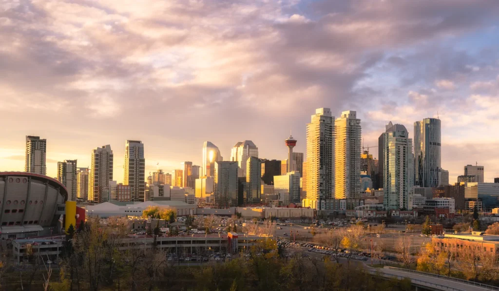 Calgary skyline at sunset with Calgary Tower