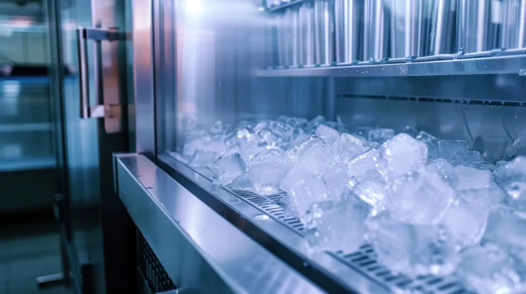 Ice cubes in commercial stainless steel ice maker