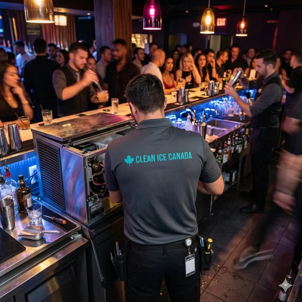 Technician servicing ice machine in busy bar