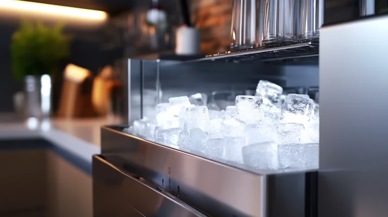 Ice cubes in stainless steel refrigerator ice maker