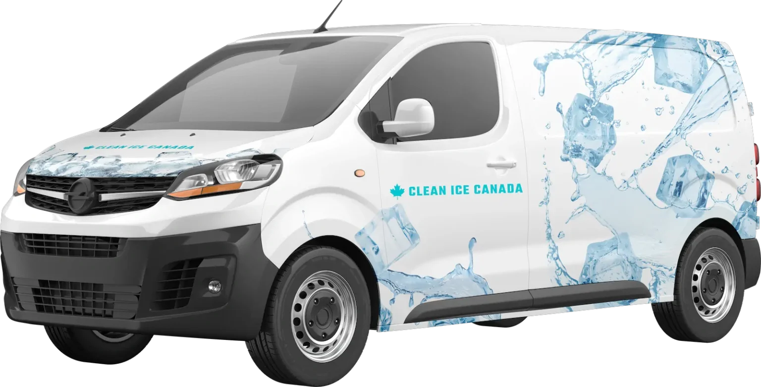 White Clean Ice Canada delivery van with water graphics
